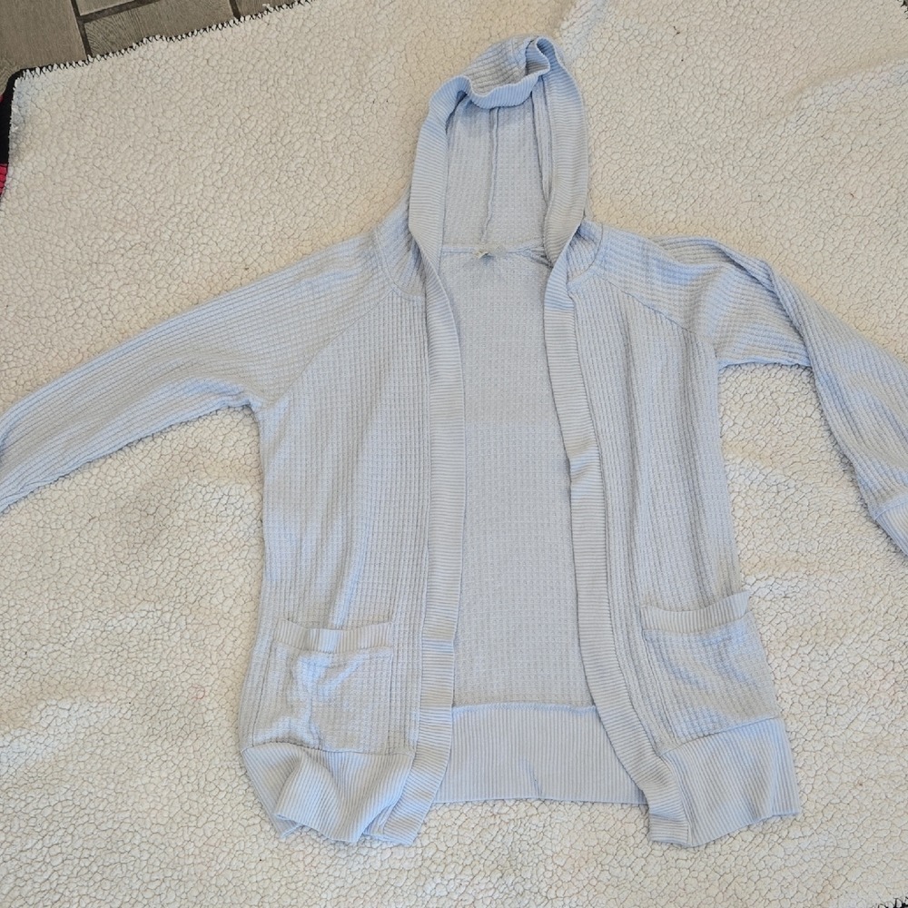 Mudd Womens Waffle Knit Hooded Cardigan Light Blue Open Front Pocket Sweater S